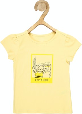 PETER ENGLAND Girls Typography, Printed Pure Cotton Regular T Shirt(Yellow, Pack of 1)