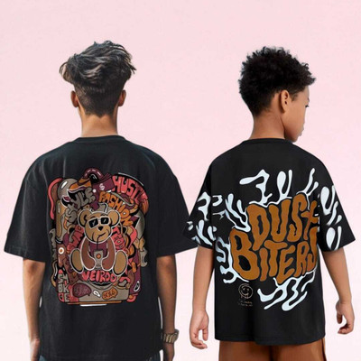 Show In Style Boys Printed Pure Cotton Oversized T Shirt(Black, Pack of 2)