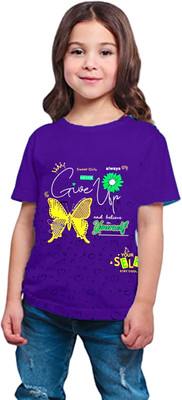 Little Funky Girls Typography, Graphic Print Pure Cotton Regular T Shirt(Purple, Pack of 1)