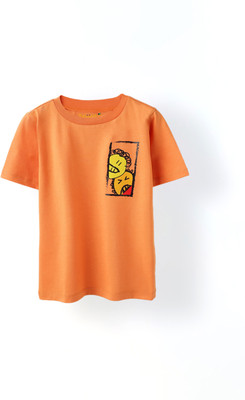 Spunkies Boys Printed Cotton Blend Regular T Shirt(Orange, Pack of 1)