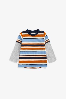 Mothercare Boys Striped Cotton Blend T Shirt(Multicolor, Pack of 1)