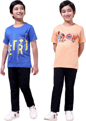 FREEZEANDFROST Boys Printed Cotton Blend Regular T Shirt(Blue, Orange, Pack of 2)