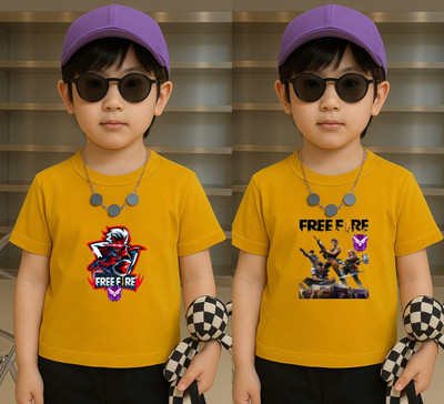 Lecowar Boys Printed Polyester Regular T Shirt(Yellow, Pack of 2)