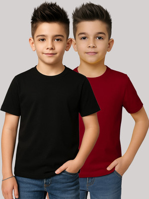 FBAR Boys Solid Pure Cotton Regular T Shirt(Black, Pack of 2)