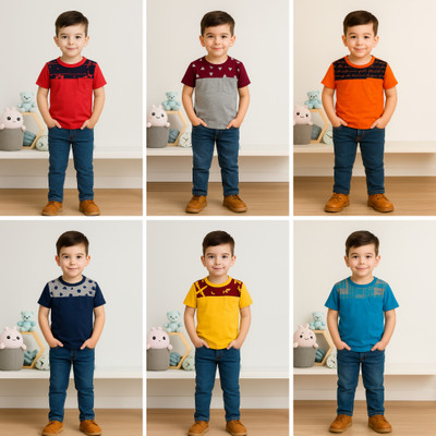AKshayaVastra Boys Colorblock Pure Cotton Regular T Shirt(Multicolor, Pack of 3)