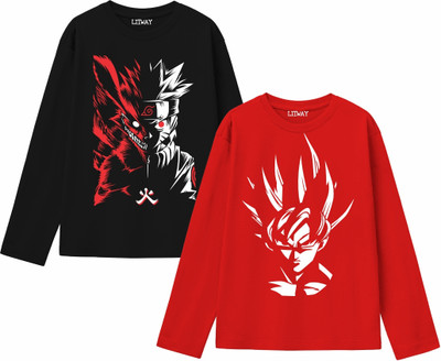 Litway Boys Cartoon Pure Cotton Regular T Shirt(Red, Black, Pack of 2)