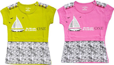 Vivin Collection Girls Printed Cotton Blend Regular T Shirt(Multicolor, Pack of 2)