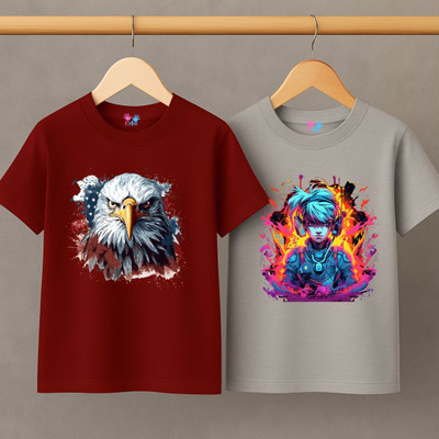 Kidloo Boys Printed Pure Cotton Regular T Shirt(Maroon, Pack of 2)
