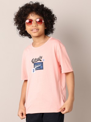 V-MART Boys Printed Pure Cotton Regular T Shirt(Pink, Pack of 1)