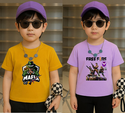 Lecowar Boys Printed Polyester Regular T Shirt(Yellow, Purple, Pack of 1)