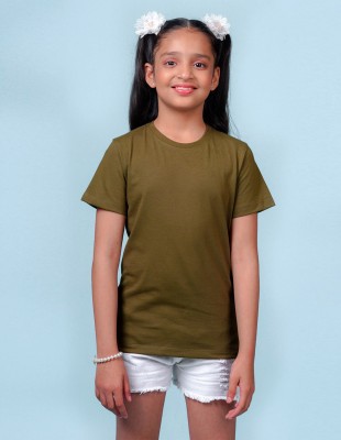 Nusyl Girls Solid Cotton Blend Regular T Shirt(Green, Pack of 1)