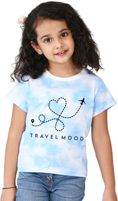 Nusyl Girls Typography, Tie & Dye, Printed Cotton Blend Regular T Shirt(Blue, Pack of 1)