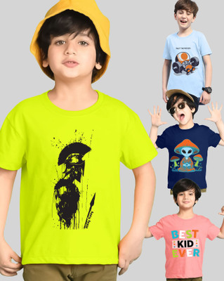 AOOSH Boys Printed Cotton Blend Regular T Shirt(Blue, Light Blue, Pack of 4)