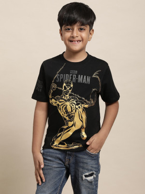 kidsville Boys Typography, Printed Pure Cotton Regular T Shirt(Black, Pack of 1)