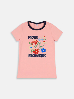 Here&Now X Game Begins Baby Girls Printed Cotton Blend Regular T Shirt(Orange, Pack of 1)