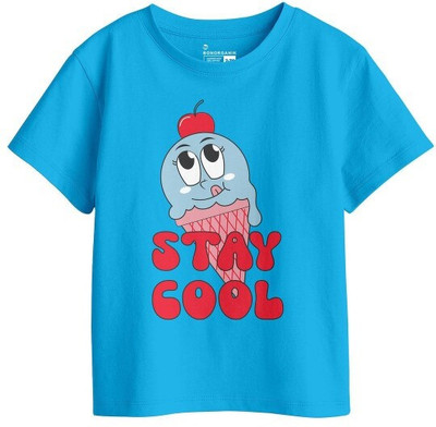 BonOrganik Girls Printed Pure Cotton Regular T Shirt(Blue, Pack of 1)
