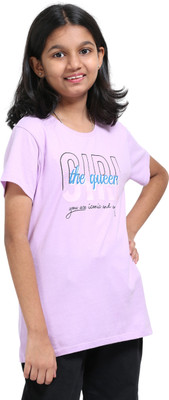 estuna Girls Printed Pure Cotton Regular T Shirt(Purple, Pack of 1)