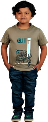 Mahadhi Boys & Girls Printed Cotton Blend Regular T Shirt(Beige, Pack of 1)