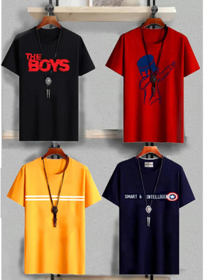FTC FASHIONS Boys Graphic Print Cotton Blend Regular T Shirt(Multicolor, Pack of 4)
