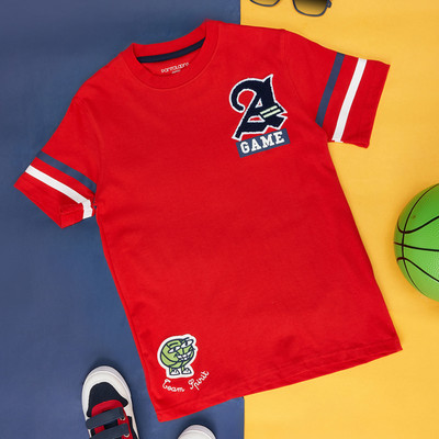 Pantaloons Junior Boys Printed Pure Cotton Regular T Shirt(Red, Pack of 1)