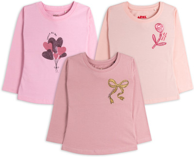 Ariel Girls Printed Pure Cotton Regular T Shirt(Multicolor, Pack of 3)