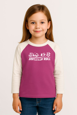 GROWWEARS Girls Graphic Print Cotton Blend Regular T Shirt(Purple, White, Pack of 1)