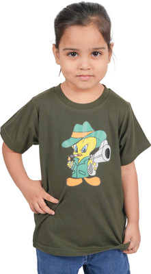 Yellowtoons Girls Printed Cotton Blend Regular T Shirt(Green, Pack of 1)