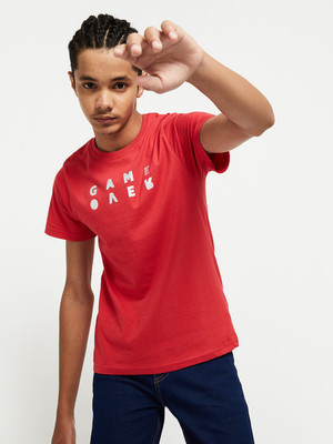 MAX Boys Typography Pure Cotton Regular T Shirt(Red, Pack of 1)