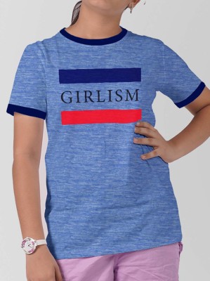 radprix Girls Typography Cotton Blend T Shirt(Light Blue, Pack of 1)