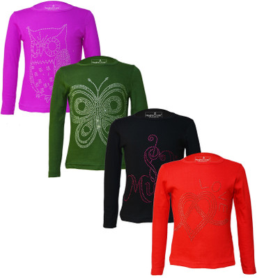Eazy Trends Girls Printed Pure Cotton Regular T Shirt(Multicolor, Pack of 4)