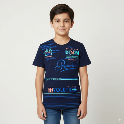 Sugar Star Boys Typography Pure Cotton Regular T Shirt(Dark Blue, Pack of 1)