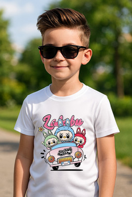 fashionbites Boys & Girls Printed, Graphic Print Polyester Regular T Shirt(White, Pack of 1)