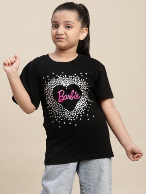 kidsville Girls Typography, Printed Pure Cotton T Shirt(Black, Pack of 1)