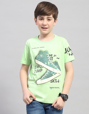MONTE CARLO Boys Typography, Printed Cotton Blend Regular T Shirt(Green, Pack of 1)