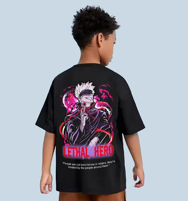 HIPHOPTRENDZ Boys Graphic Print Cotton Blend Oversized T Shirt(Black, Pack of 1)