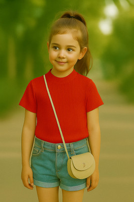 Rory Girls Self Design Cotton Blend Regular T Shirt(Red, Pack of 1)