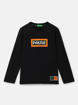 United Colors of Benetton Boys Printed Pure Cotton Regular T Shirt(Black, Pack of 1)