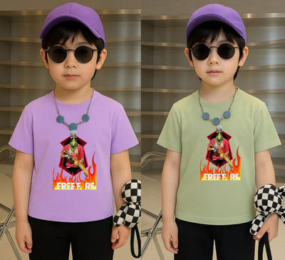 Lecowar Boys Graphic Print Polyester Regular T Shirt(Purple, Green, Pack of 1)