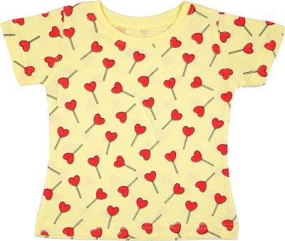 BodyCare Baby Girls Printed Cotton Blend Regular T Shirt(Yellow, Pack of 1)