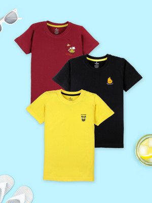 Kiddo Paanti Boys Solid Pure Cotton Regular T Shirt(Multicolor, Pack of 3)