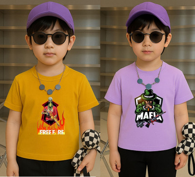 Lecowar Boys Printed Polyester Regular T Shirt(Yellow, Purple, Pack of 1)