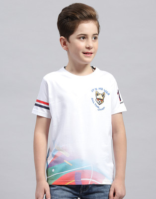 MONTE CARLO Boys Printed Cotton Blend Regular T Shirt(White, Pack of 1)