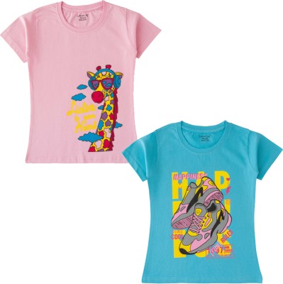 Luke and Lilly Girls Printed Cotton Blend Regular T Shirt(Multicolor, Pack of 2)