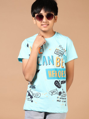 V-MART Boys Printed Cotton Blend Regular T Shirt(Blue, Pack of 1)