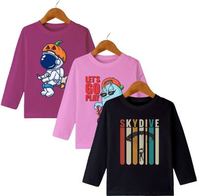 MYO Boys & Girls Printed Cotton Blend Regular T Shirt(Multicolor, Pack of 3)