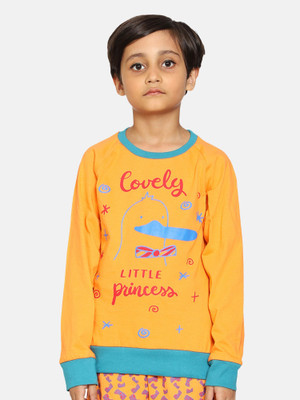 Kiddo Paanti Girls Typography, Printed Pure Cotton Regular T Shirt(Orange, Pack of 1)