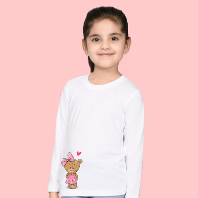 Nusyl Girls Printed Cotton Blend Regular T Shirt(White, Pack of 1)