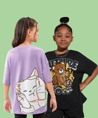 MOD YOUNG Girls Printed Pure Cotton Oversized T Shirt(Multicolor, Pack of 2)