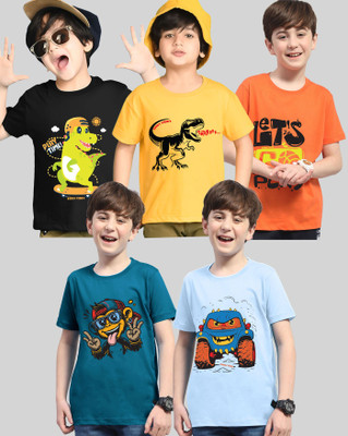AUSK Boys Printed Cotton Blend Regular T Shirt(Orange, Yellow, Pack of 5)