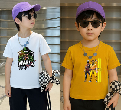 Lecowar Boys Graphic Print Polyester Regular T Shirt(White, Yellow, Pack of 1)